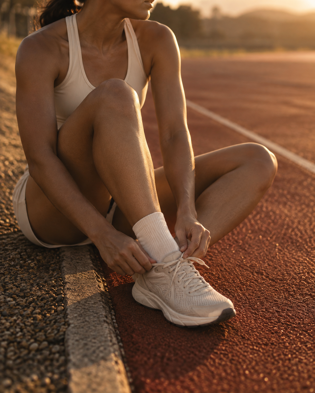 Une athlète ajuste ses chaussures au bord d’une piste avant l’entraînement.